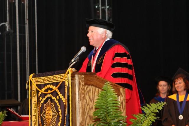 Giving a speech at the podium